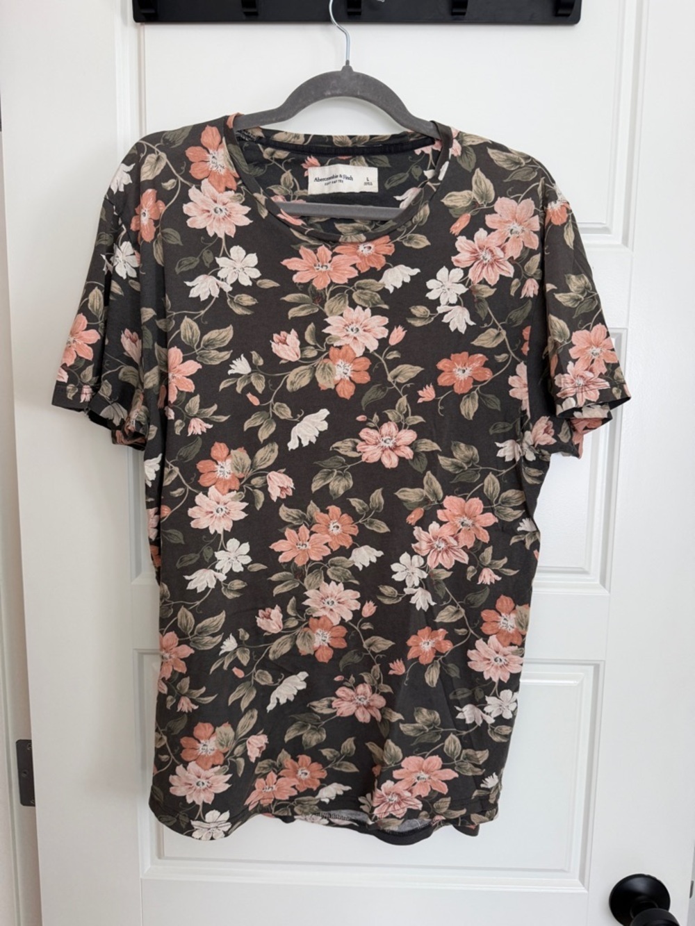Abercrombie & Fitch 100% Cotton Charcoal Tee with Pink Floral Print